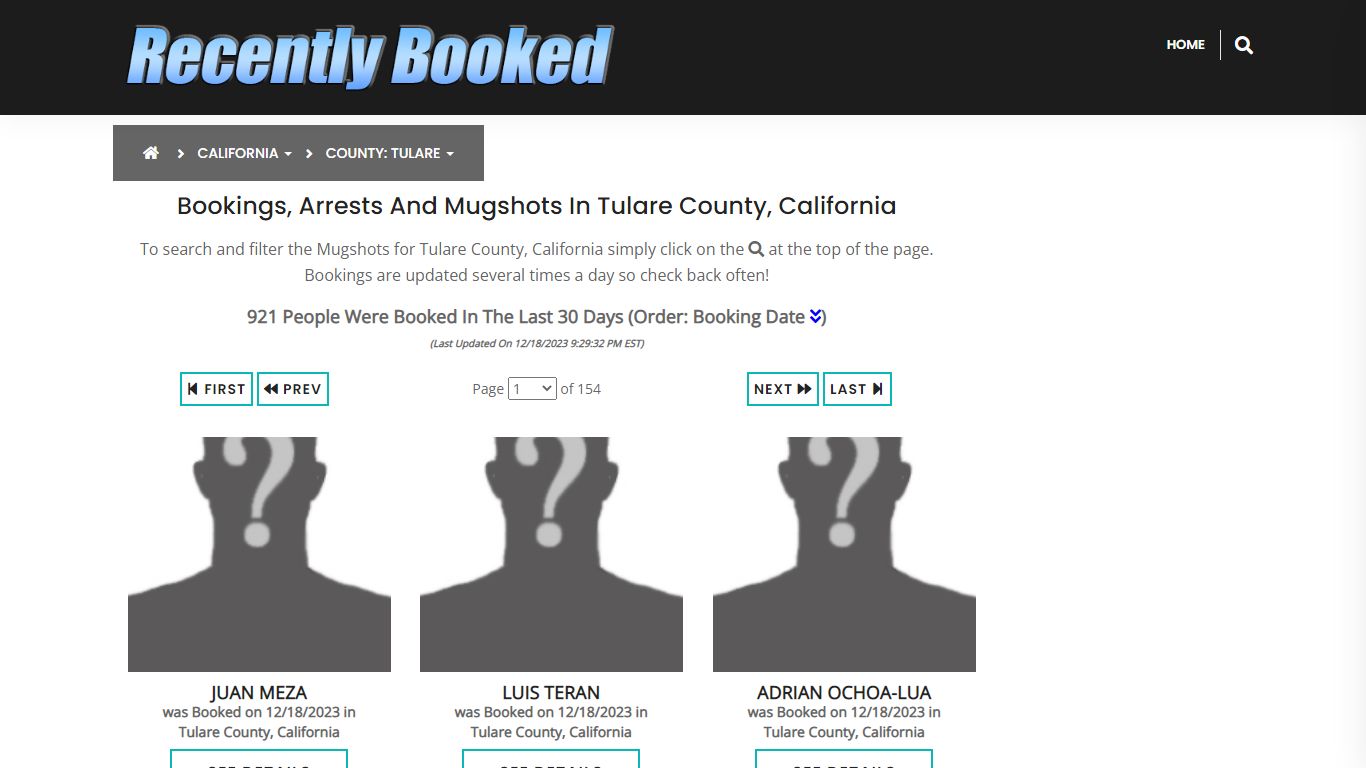 Recent bookings, Arrests, Mugshots in Tulare County, California